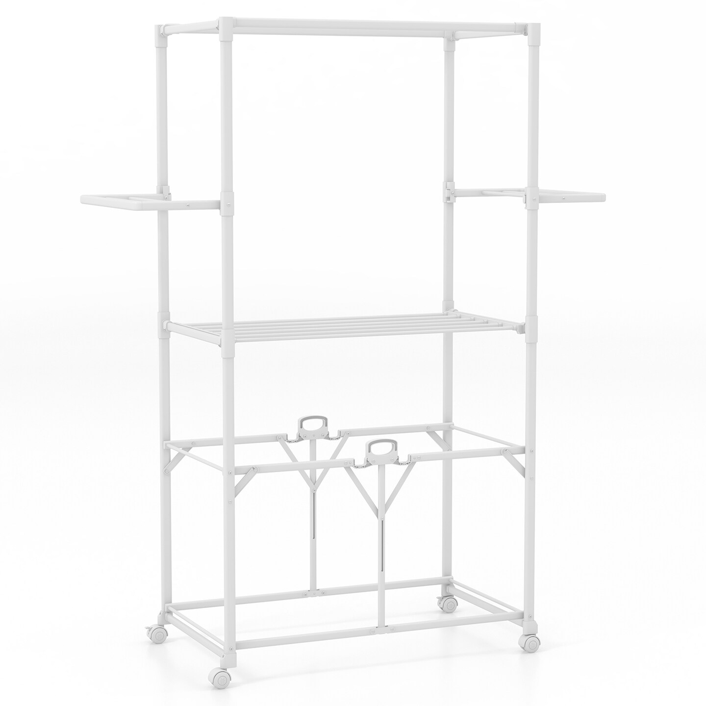 White Foldable Aluminum Drying Shelves Rack with Hanging Rods and Lockable Wheels