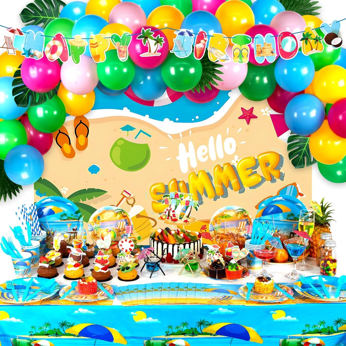 Summer Party Decorations, Pool Party Decorations Include Balloons, Summer Backdrop, Birthday Banner, Palm Leaves, Tablecloth, Plates, Cups, Cake Toppers for Beach Theme Party Supplies