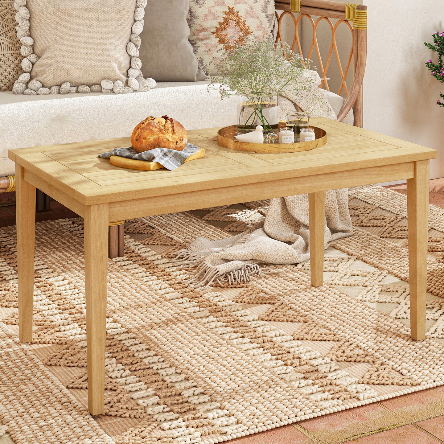 Natural Teak Wood Coffee Table with Slatted Top and Stable Structure