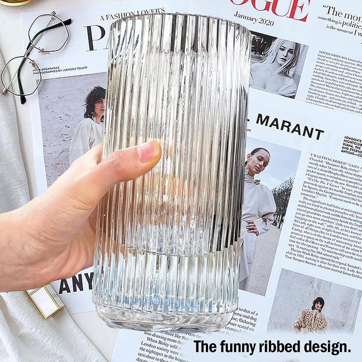 9.8&#x22; Flower Vase for Decor Ribbed Glass Vase Modern for Centerpieces Desktop Home Office Dining Living Room Wedding (Clear)