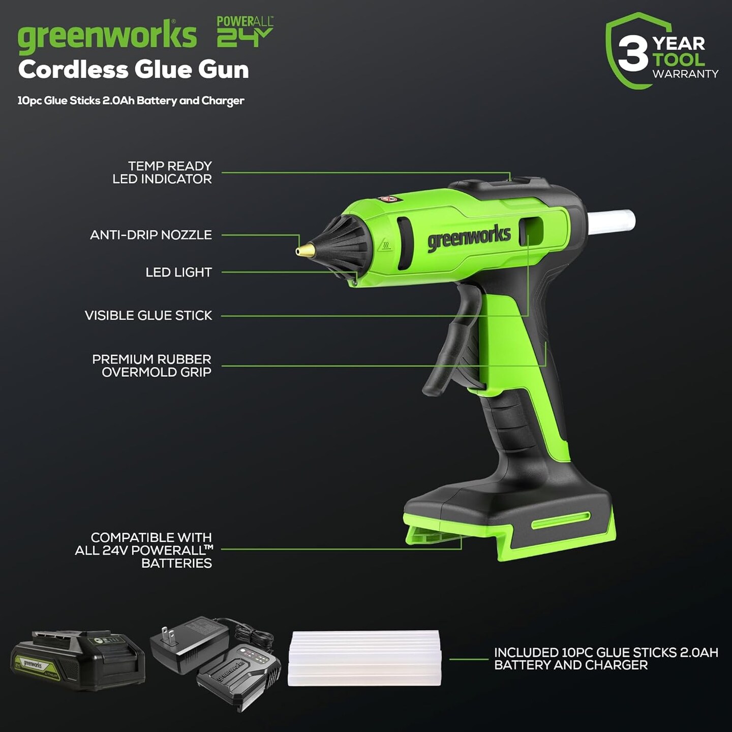 24V Cordless Glue Gun,2.0Ah Battery &#x26; Charger Included -1.5min Fast Heating,LED, Drip-free nozzle, 90 min Runtime, Auto off for DIY, Arts, Crafts, Home Decoration