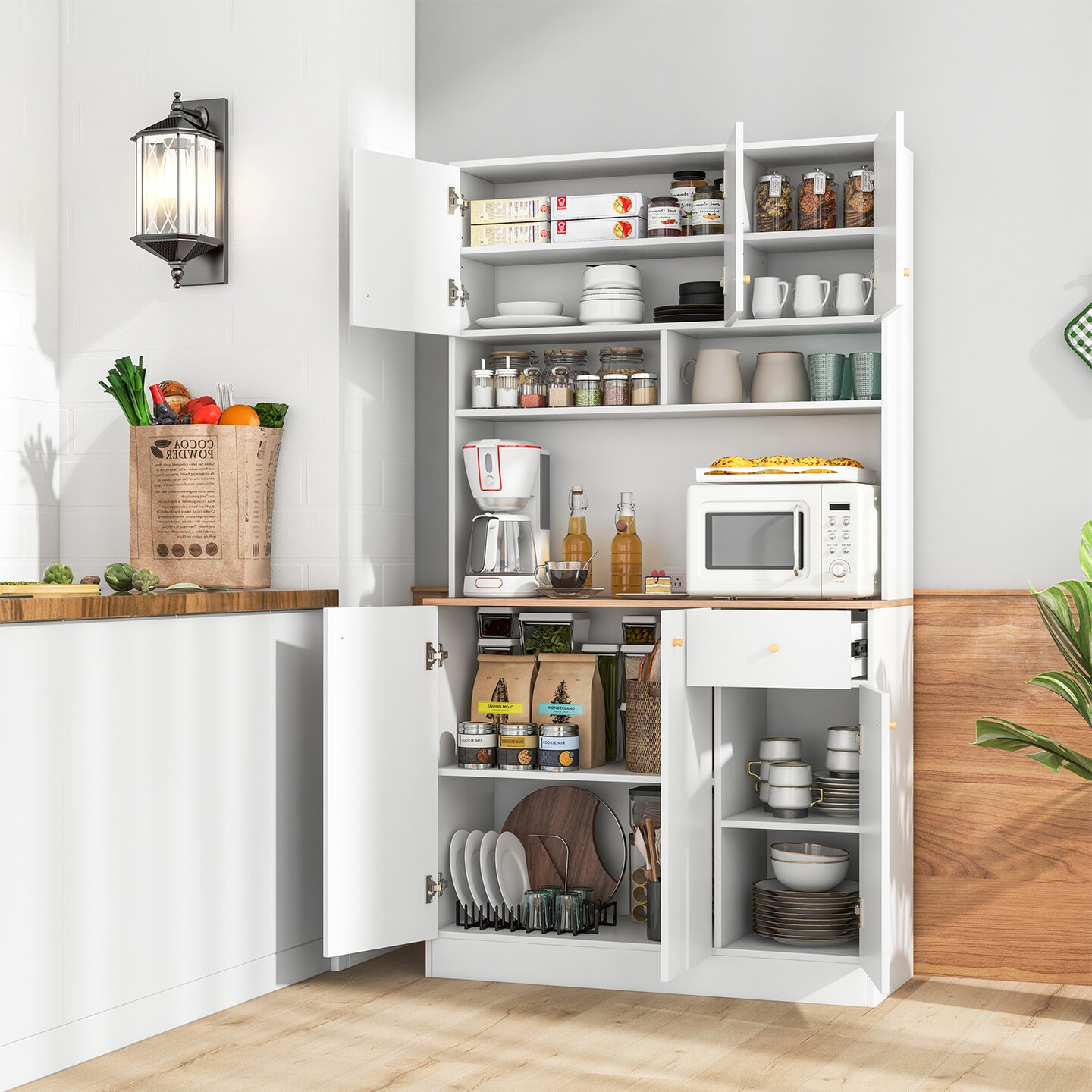 White MDF Engineered Wood Kitchen Pantry Cabinet with Power Outlets