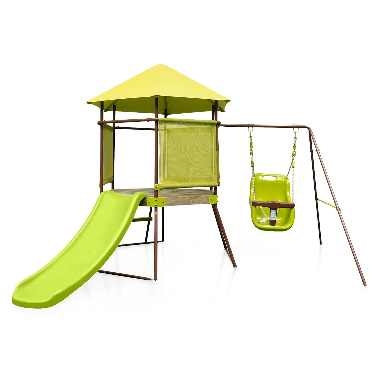 Green 4-in-1 Kids Swing Set with Slide, Adjustable Seat, Playhouse and Canopy