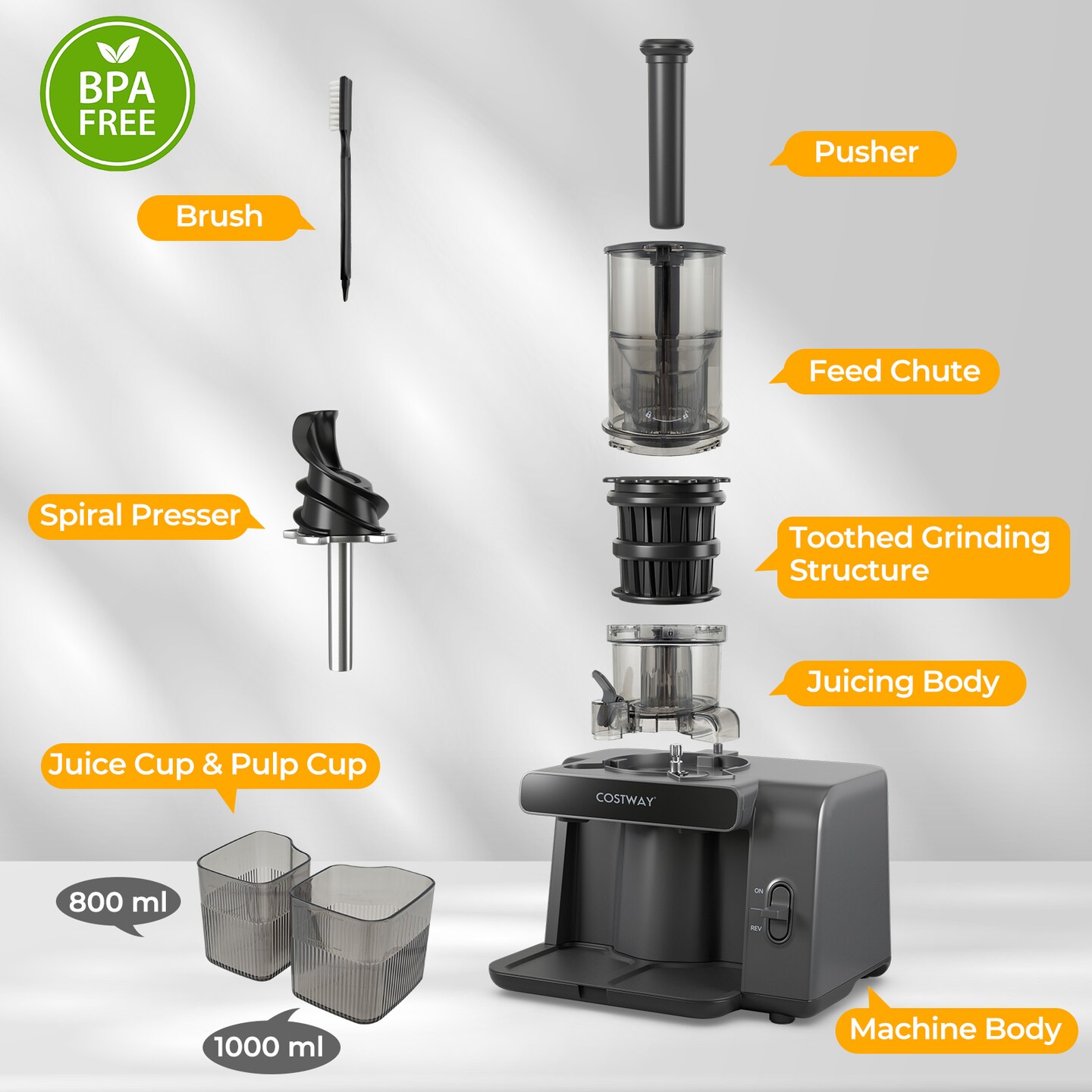 Cold Press Juicer with 5.3" Wide Feed Chute and Ultra-Fine Masticating Technology – Gray