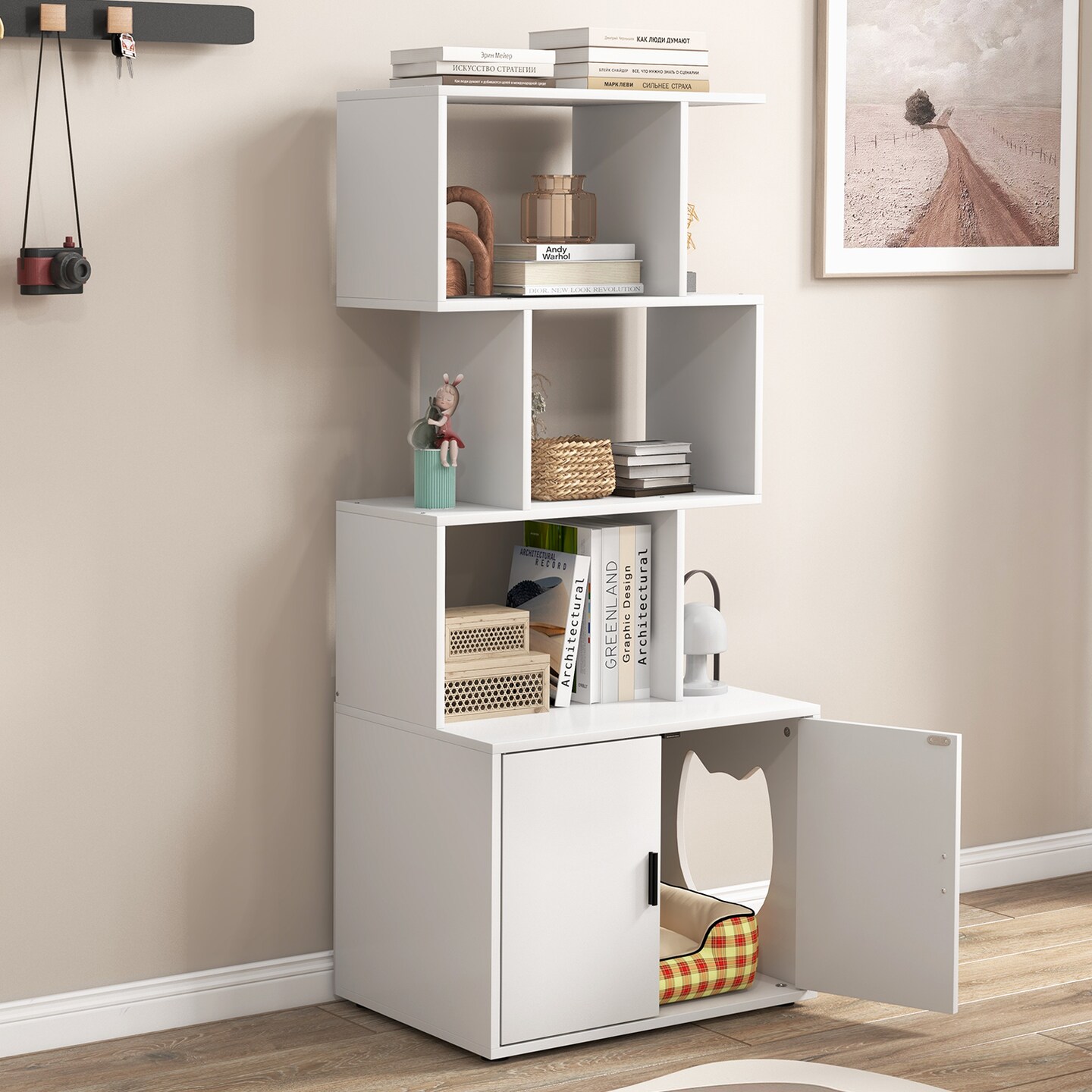 MDF Metal Cat Cabinet with Shelves and Litter Box Enclosure