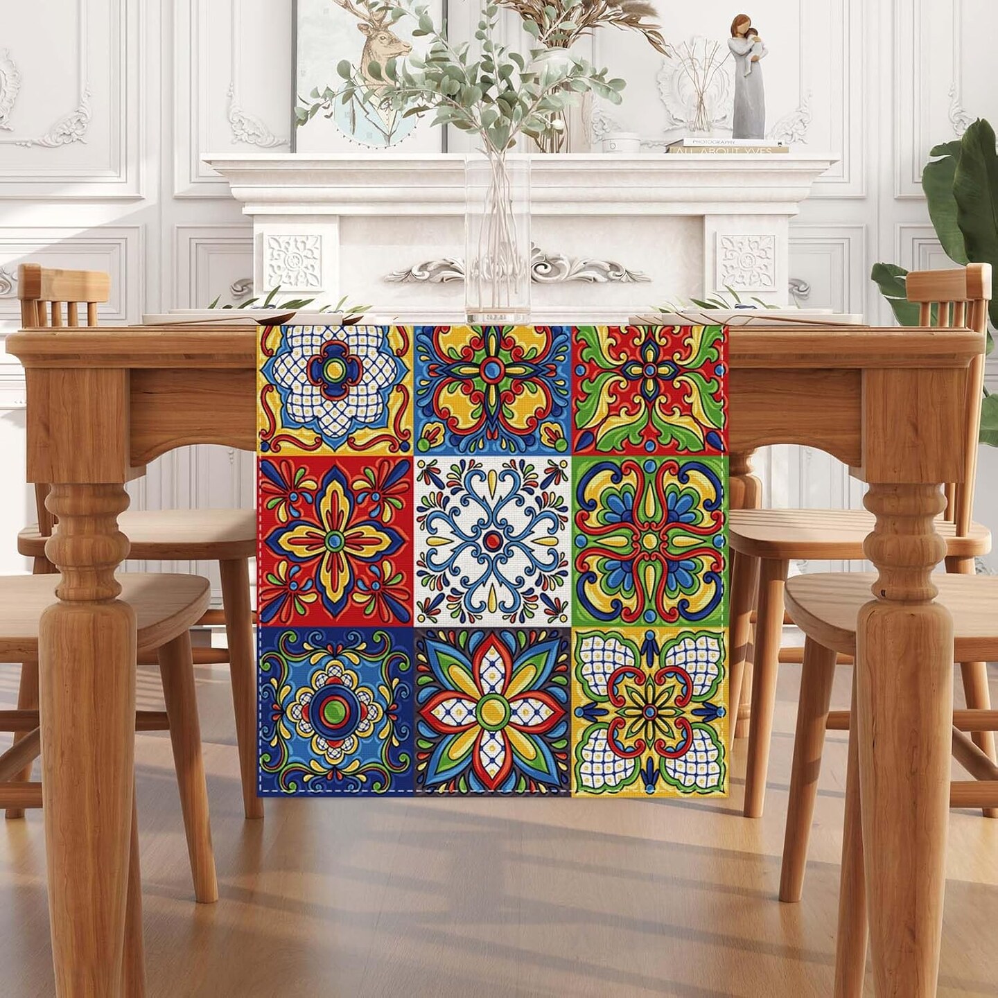 Linen Mexican Talavera Ceramic Tile Table Runner 72 Inches Long Mexican Fiesta Tablecloth Cinco De Mayo Party Decoration and Supplies for Table
