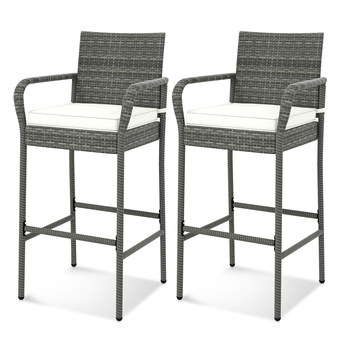 Set of 2 Patio Wicker Barstools with Armrests and Soft Cushions Ideal for Outdoor Use