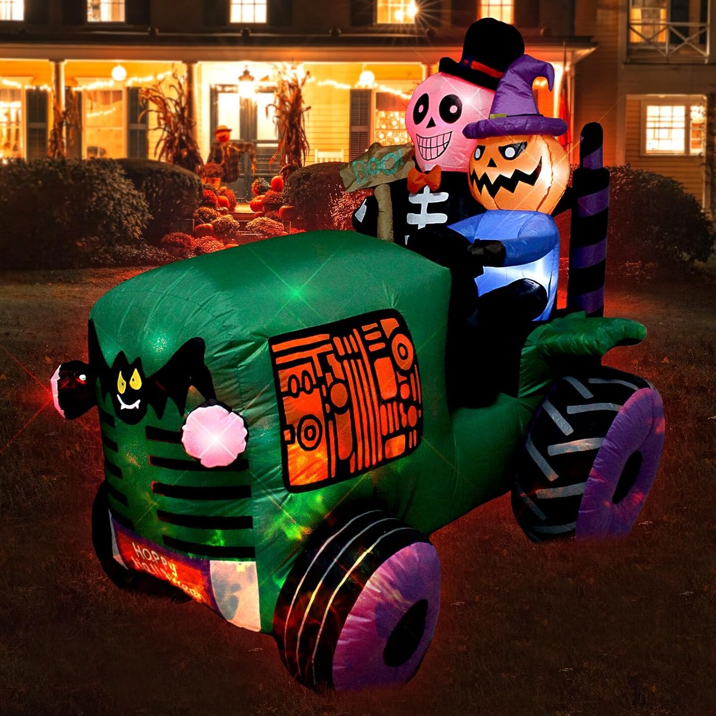 5.5Ft Long Halloween Inflatable Ghost Tractor LED Lights Decor Outdoor Indoor Holiday Decorations Halloween Blow up Car Lighted Yard Decor, Giant Lawn Inflatable Home Garden Party Decoration