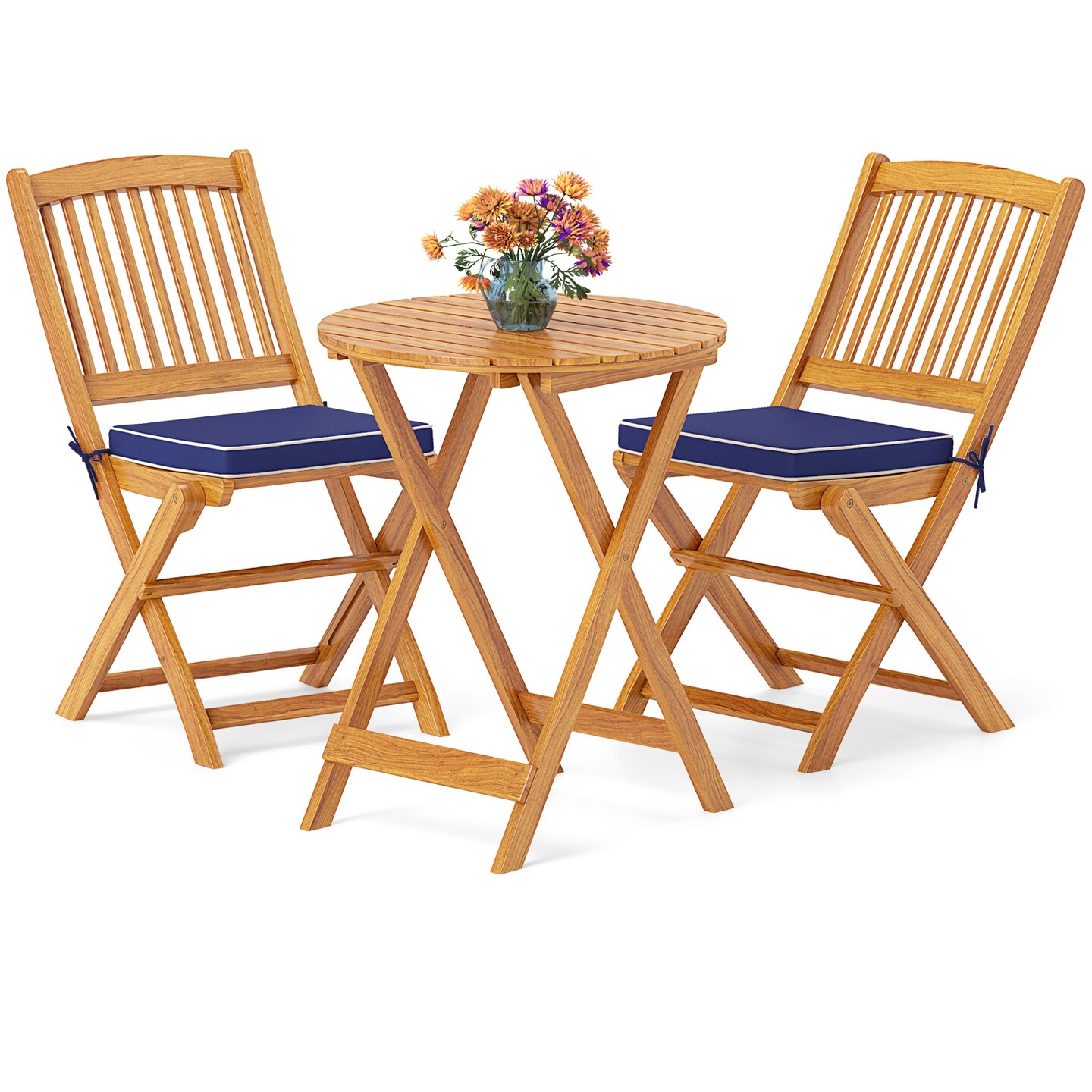 3 Pieces Acacia Wood Patio Folding Bistro Set with Soft Cushions and Slatted Backrest