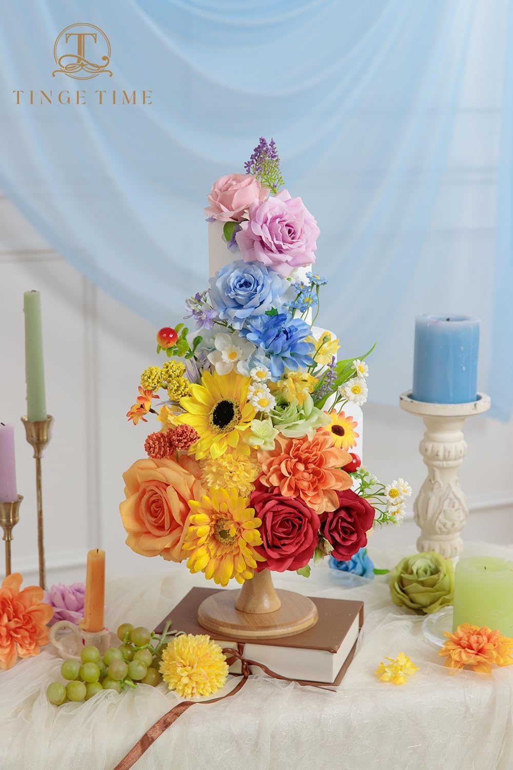 Rainbow Colorful Artificial Flowers Combo Box Set, Fake Roses Silk Sunflower with Stems for DIY Bridal Wedding Bouquets Baby Shower Floral Arrangements Centerpiece Party Home Decorations