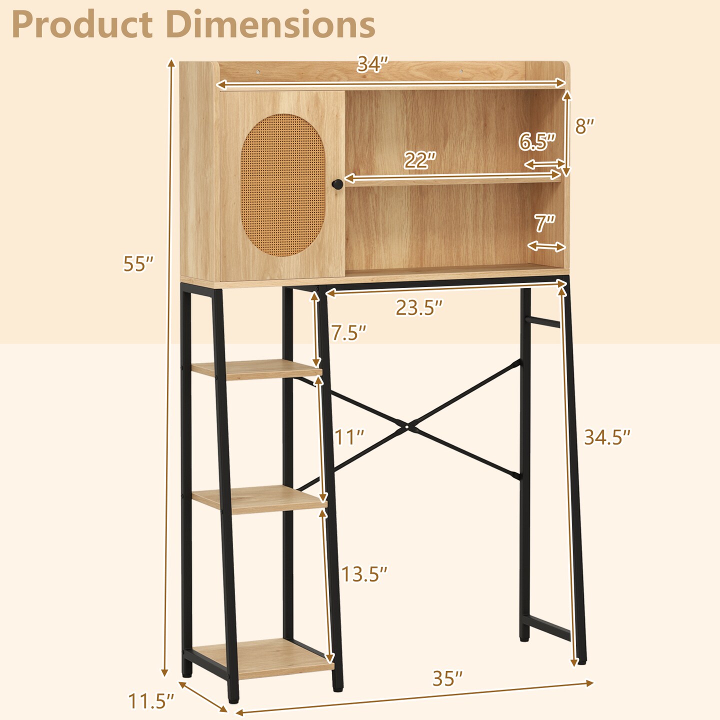 Natural PE Rattan and Engineered Wood Toilet Rack with Adjustable Shelves