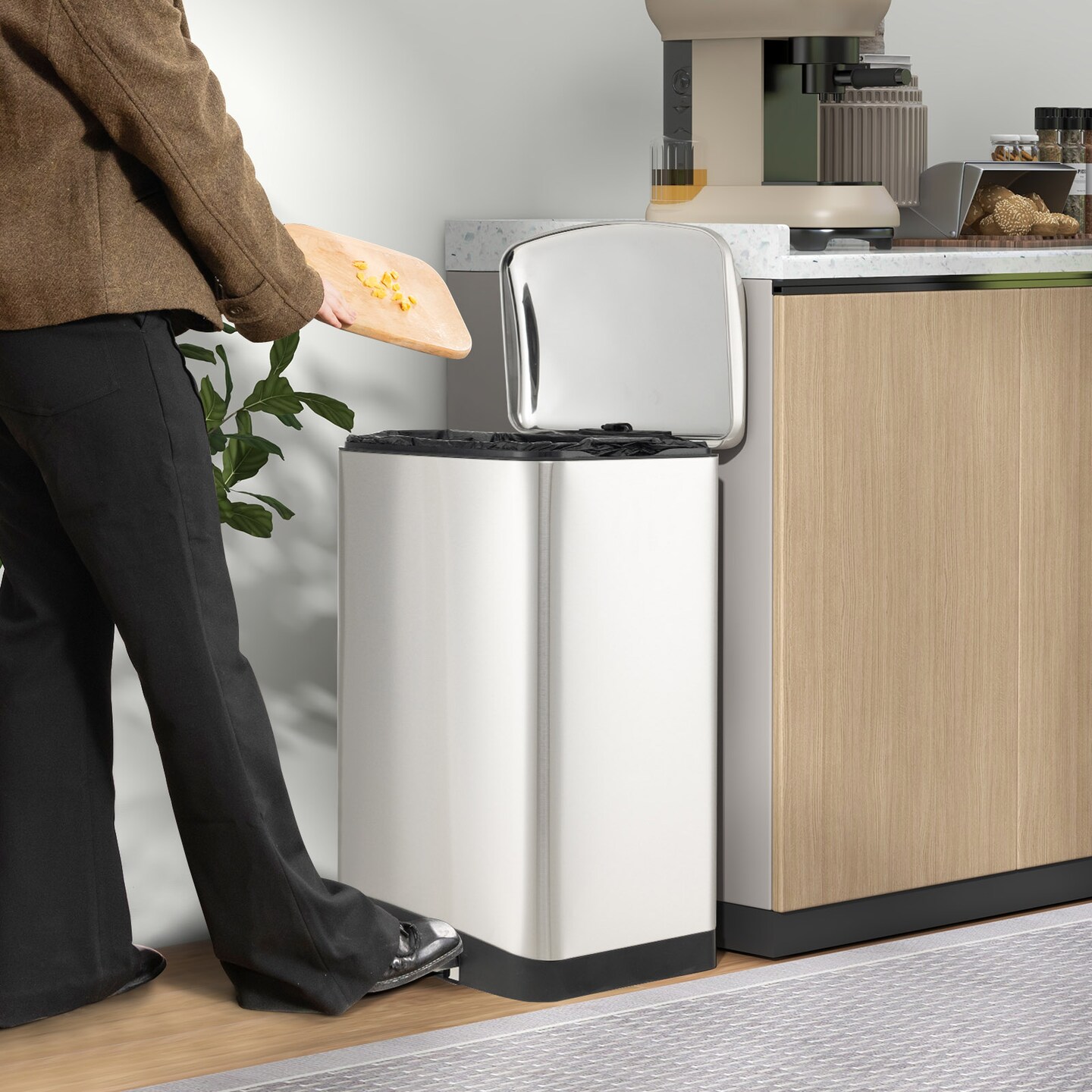 Silver Stainless Steel Soft-Close Trash Can with Pedal & Lid Lock