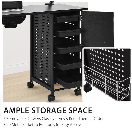 Black Deluxe Salon Steel Frame Manicure Table with Storage Space and 5 Removable Drawers