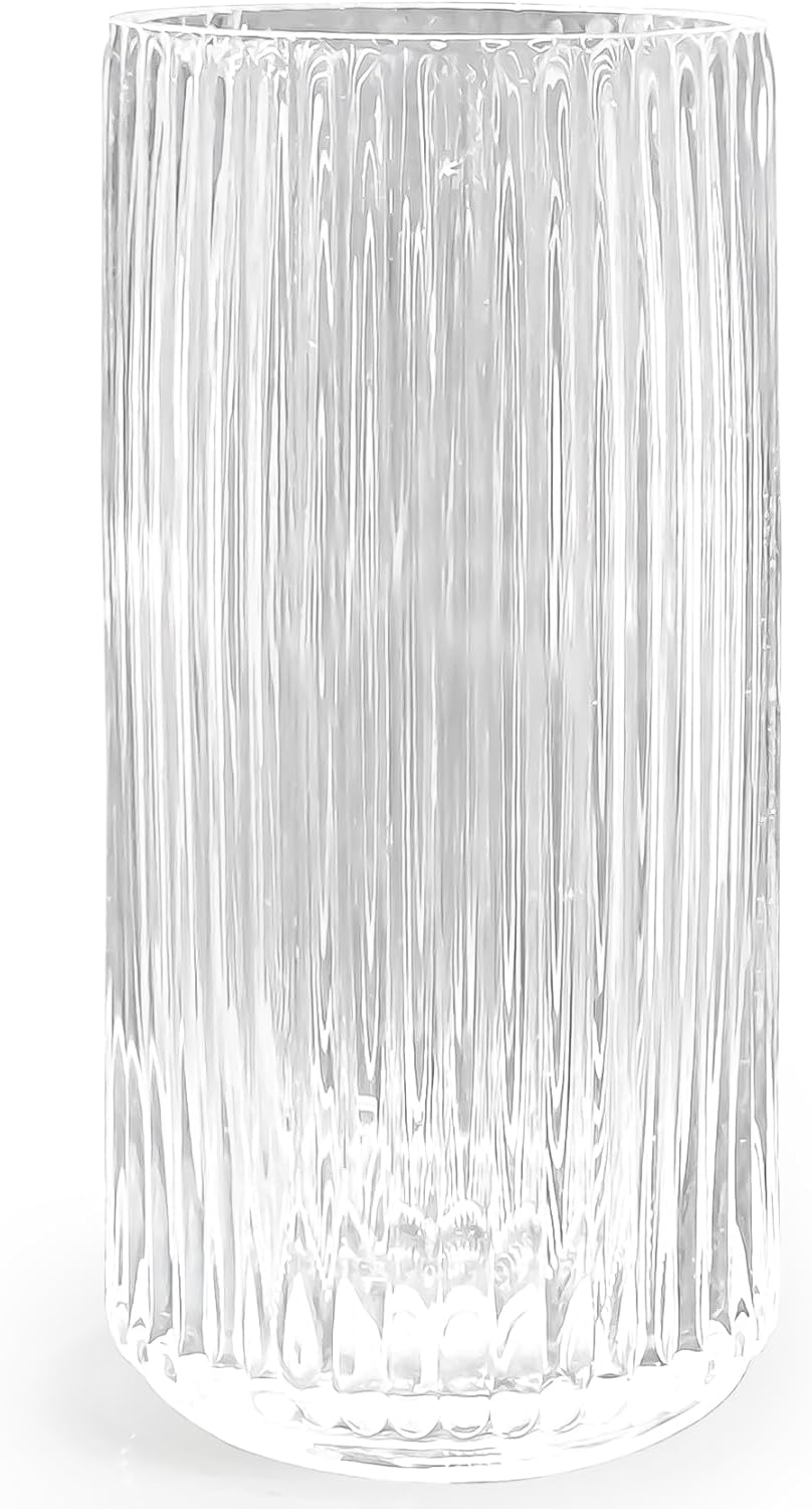 9.8&#x22; Flower Vase for Decor Ribbed Glass Vase Modern for Centerpieces Desktop Home Office Dining Living Room Wedding (Clear)