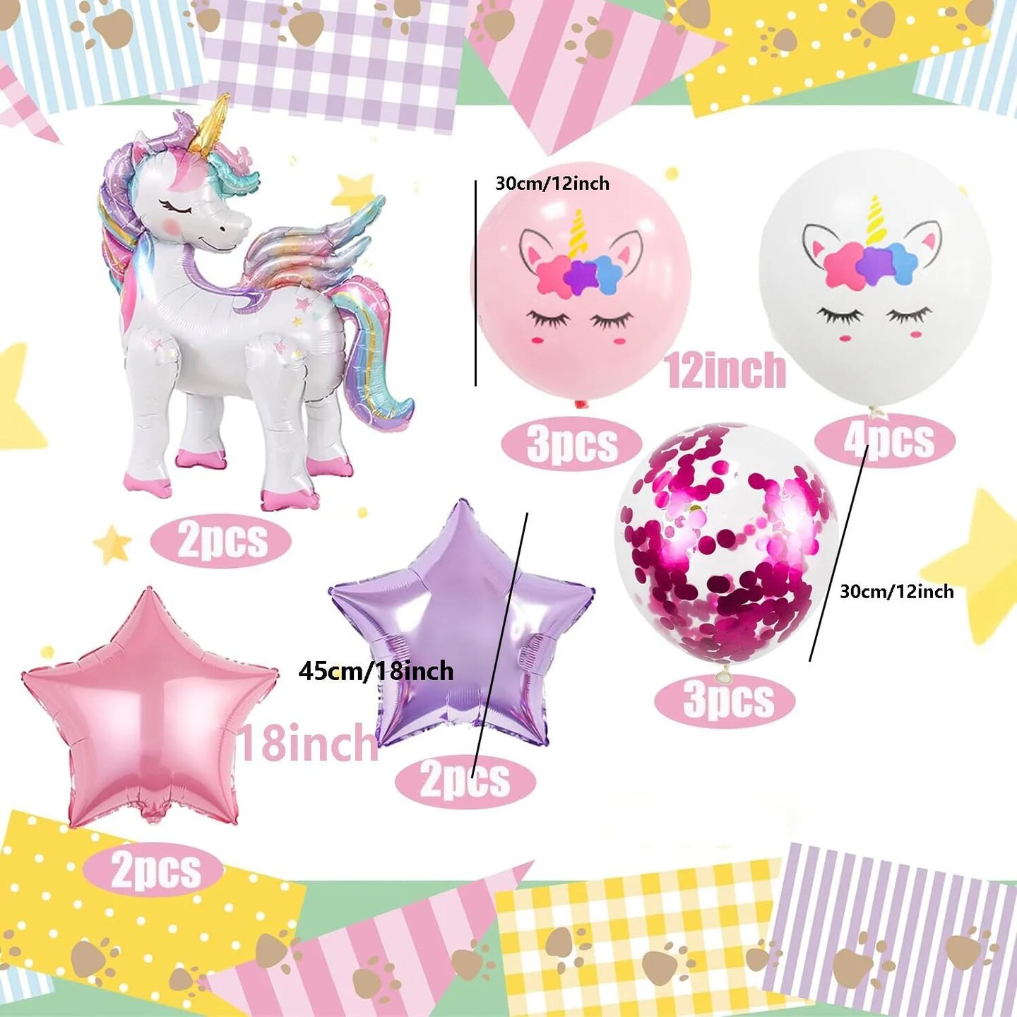 16 Pcs Unicorn Balloons Kit for Birthday Party Decorations - 2 Self Standing 3D Foil Unicorns, 4 Star Balloons &#x26; 10 Printed Latex Balloons with Tying Tool (No Helium Needed)