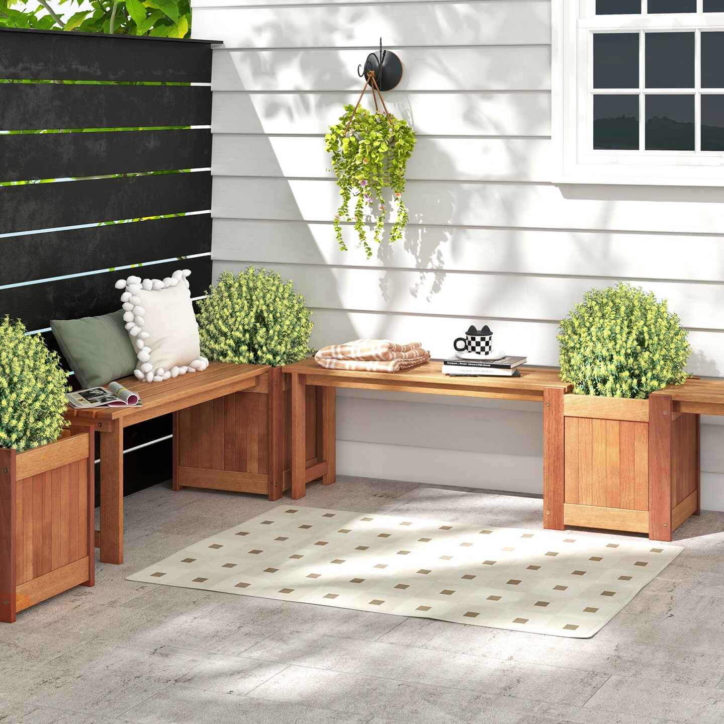 Natural Solid Wood Garden Bench with Planter Box