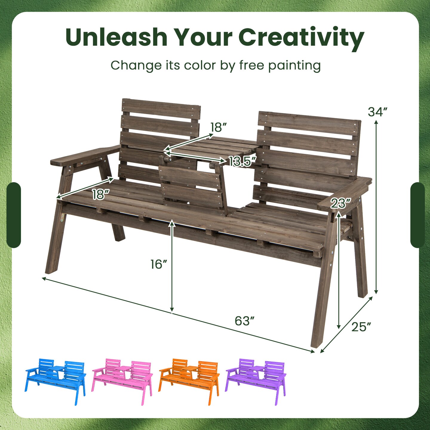 Coffee Wooden Outdoor Bench with Foldable Middle Table Ideal for 2-3 People