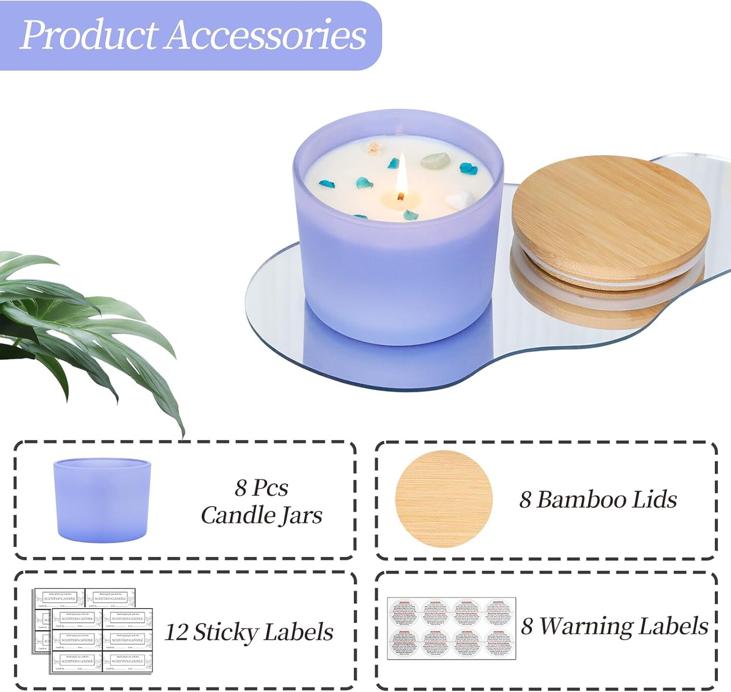 8 Pack 12 OZ Purple Glass Wide Mouth Candle Jars for Making Candles with Airtight Bamboo Lids Nice Sticky Warning Labels for Candle Making Empty Container Bulk - Dishwasher Safe
