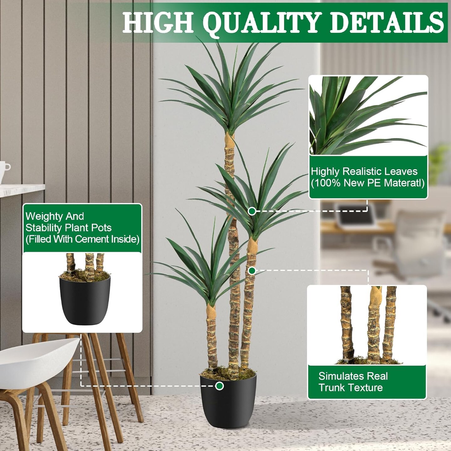 6FT Artificial Tree Faux Agave Plant Indoor, Tall Faux Plant with 3 Heads in Potted Silk Fake Tree for Home Living Rome Office Decor Housewarming Gifts