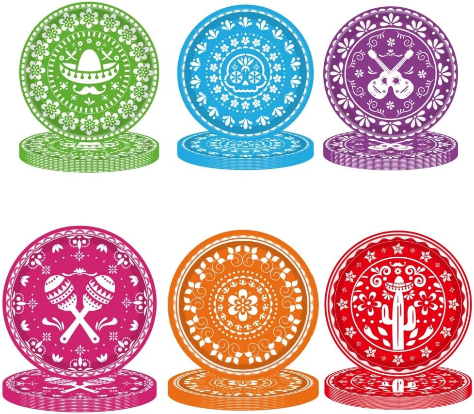 48PCS Mexican Fiesta Happy Birthday Decorations Mexican Serape Paper Plates Mexican Party Decorations Fiesta Party Plates for Taco Carnival Birthday Baby Shower Party Supplies
