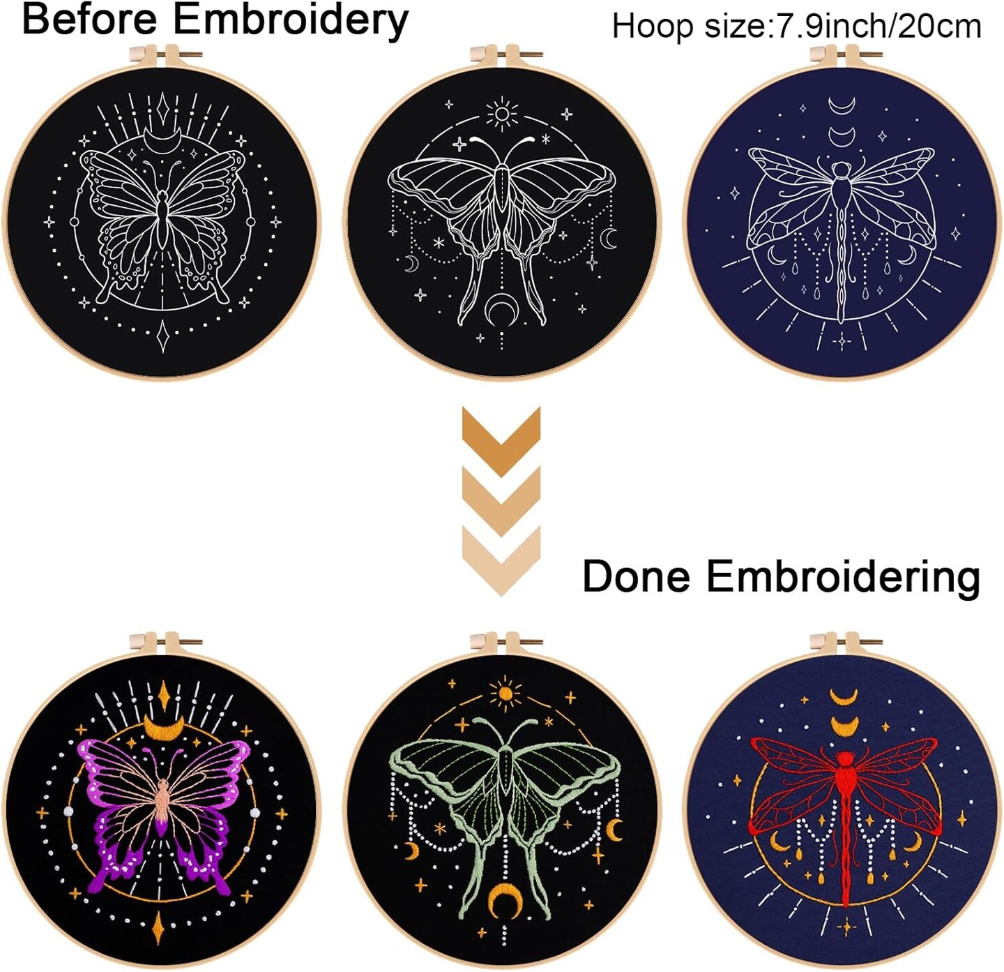 3 Set Tarot Embroidery Kits for Beginners with Moon Butterfly Dragonfly and Moth Pattern,Adults Starter Cross Stitch Kit