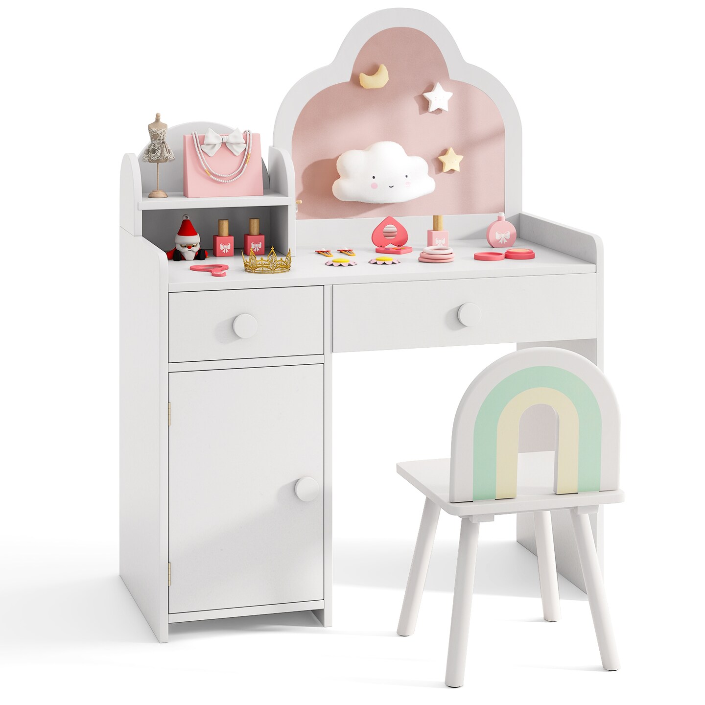Kids Vanity Set, Cloud Shape Mirror, Storage and Pine Wood Stool