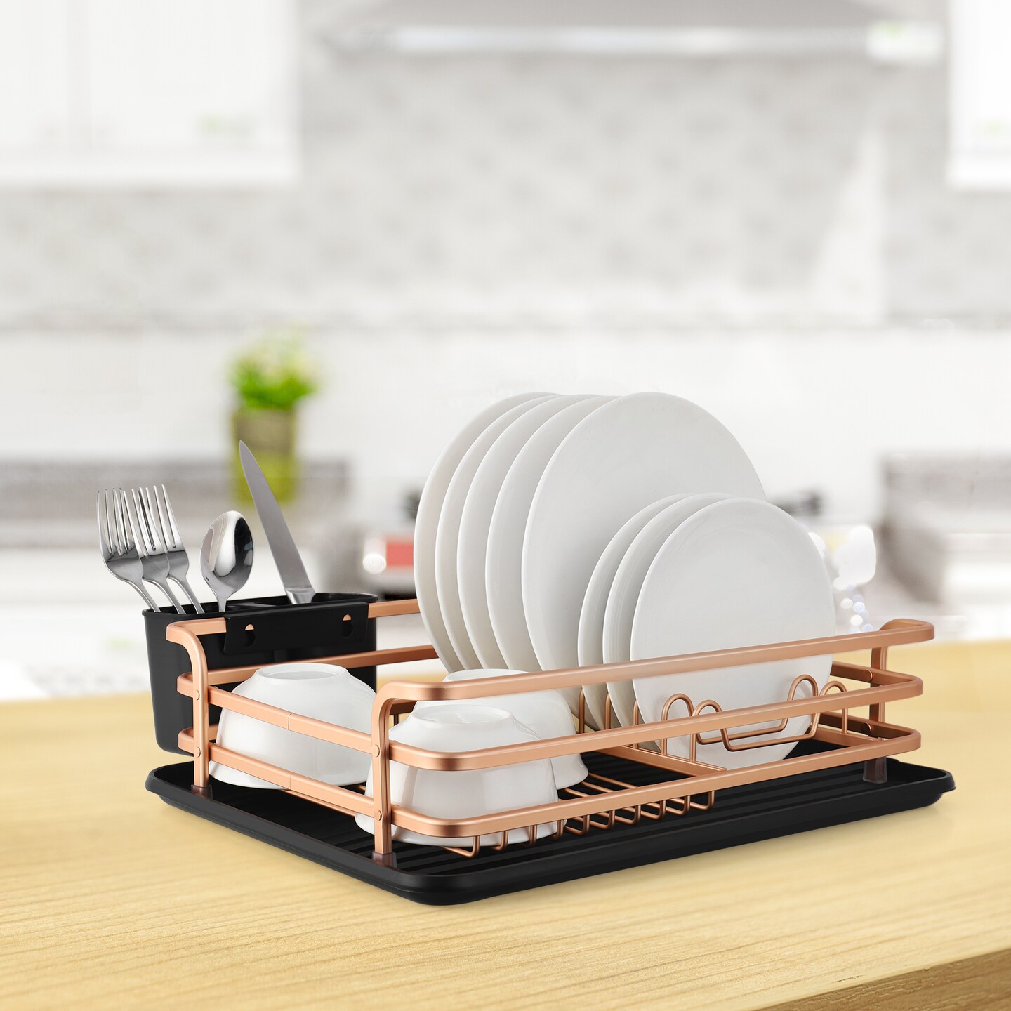Smart Space-Saving Steel Dish Drying Rack with Removable Cutlery Holder & Drainer Tray – Anti-Slip Base – Compact for Apartments (16.92”L x 12.4”W)