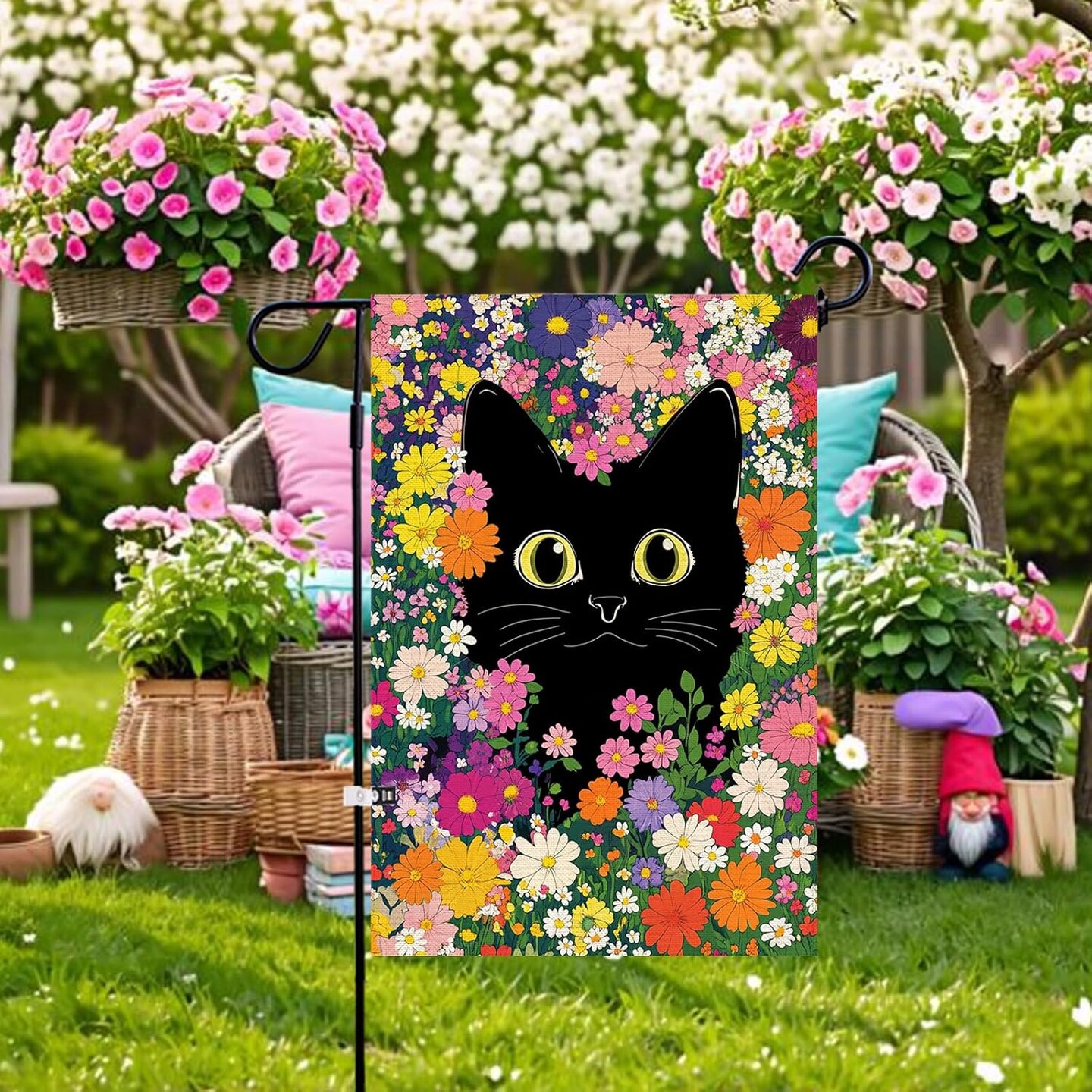Spring Summer Funny Cat Garden Flag Double Sided 12.5 x 18 Inch Funny Black Cat Flower Floral Welcome Small Yard Flag Burlap Seasonal Yard Outdoor Outside Decoration