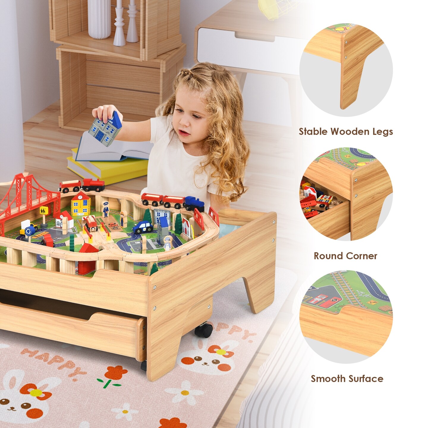 Natural MDF and Wood Train Table with Storage Drawer and 100-Piece Set