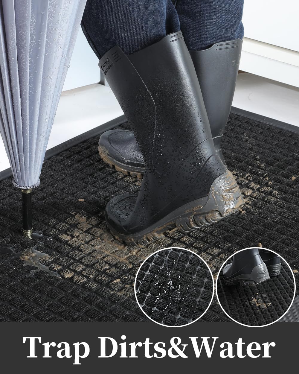 Front Door Mat Outside Entrance Doormat-Outdoor Indoor Door Mat for Entryway-Welcome Mat Thick Durable Rubber Backed Door Entry Mat Non Slip Dirt Trapper Absorbent-Black 17&#x201D;x30&#x201D;