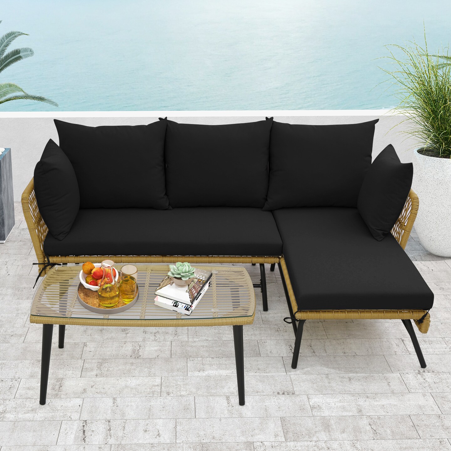 3 Pieces L-Shaped Patio Sofa with Tempered Glass Coffee Table with Metal Frame