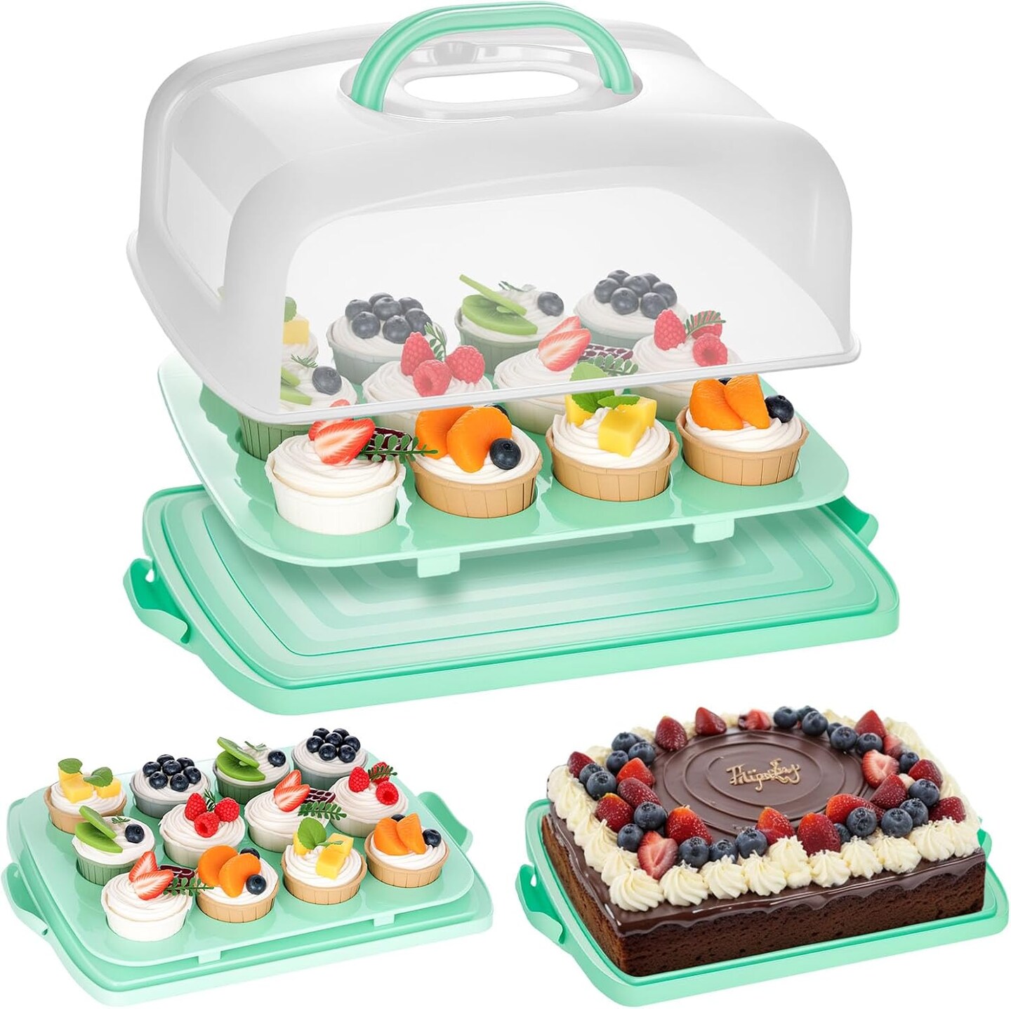 Cake Carrier with Lid, Green Cake Holder Cupcake Container for 12 Cupcakes 2 in 1 Portable Dessert Container for Cake Pie Muffin Cobbler