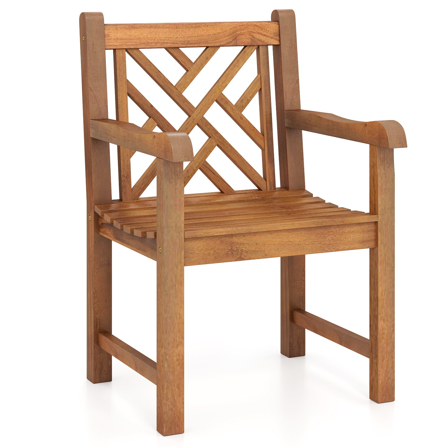 Teak Wood Patio Dining Chair with Cross Slatted Backrest and smooth Armrests