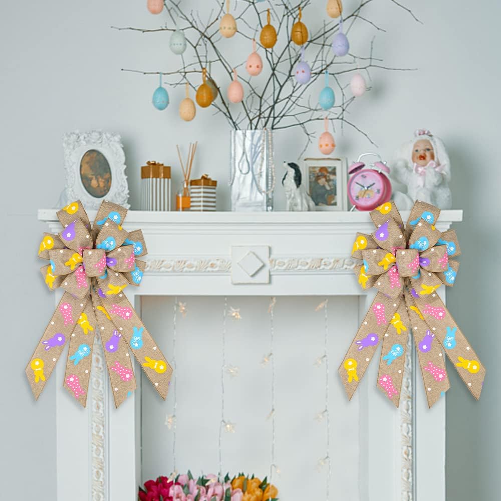 Easter Wreath Bows, Brown Easter Rabbits Pattern Burlap Bows for Wreaths - Easter Decor Burlap Tree Topper Bows for Holiday Front Door Wreath Decorations Indoor Outdoor