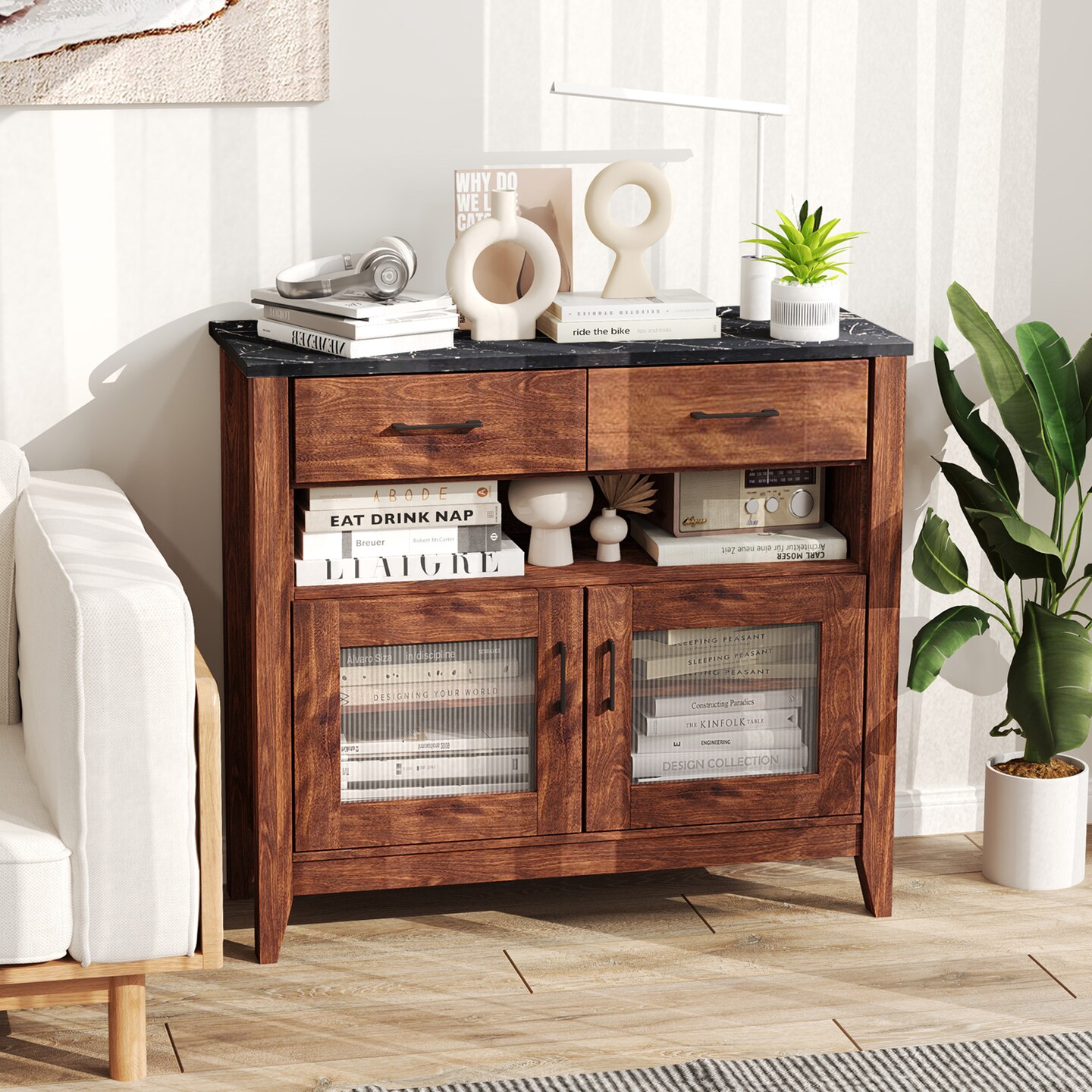 Contemporary Buffet Sideboard with Two Drawers Adjustable Shelves and Ample Storage Space