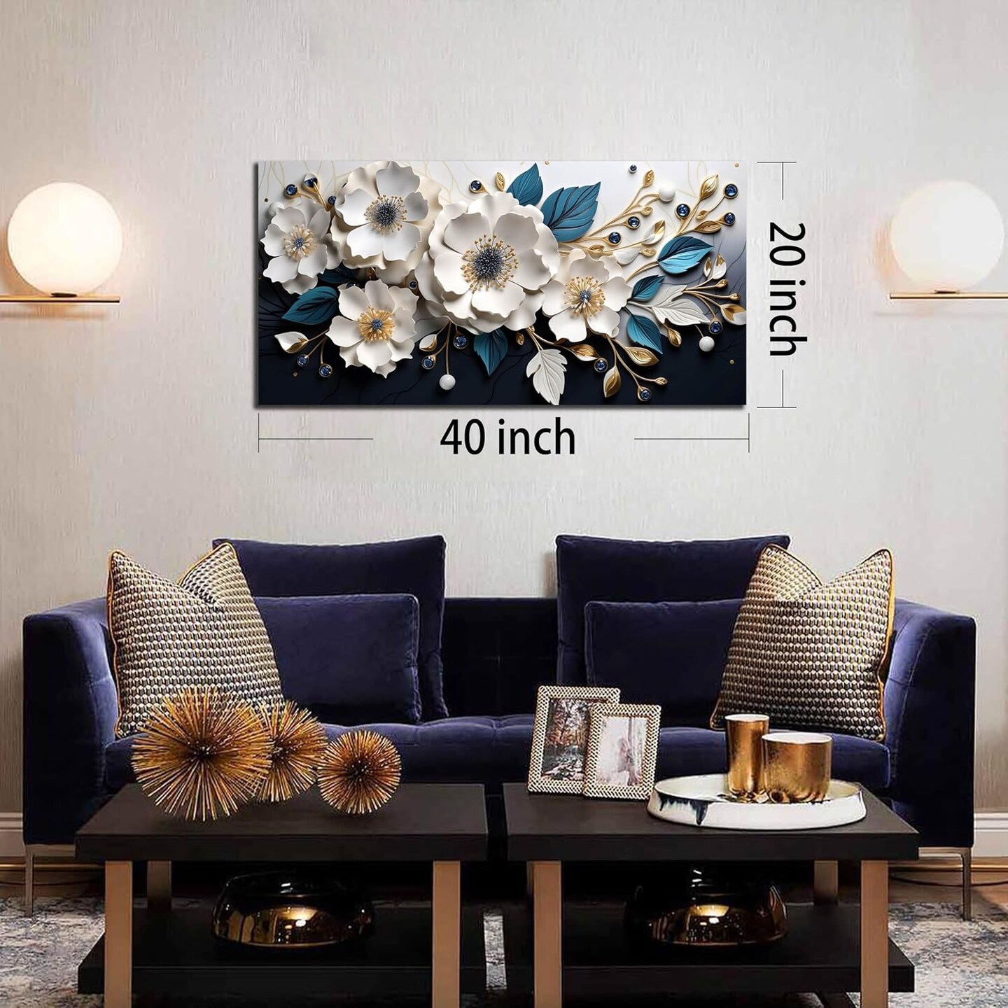 Large Canvas Wall Art for Living Room Bedroom Home Office White and Blue Floral Wall Art Botanical Picture Modern Framed Artwork Flower Canvas Prints 20x40 In