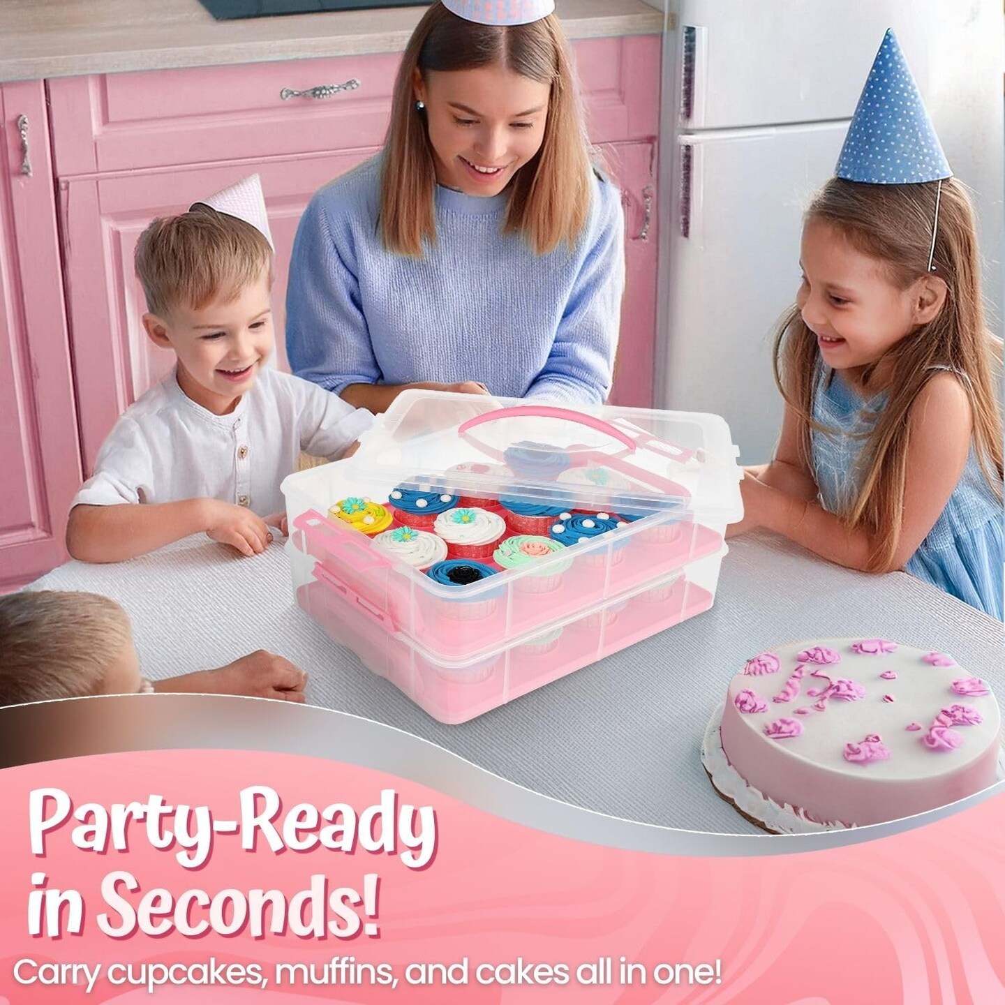 Cupcake Carrier, Cupcake Holder for 24 Cupcakes, Portable and Reusable Rectangular Cake Carrier with Lid and Handle, 2 Tier Stackable Layer Insert (Pink)
