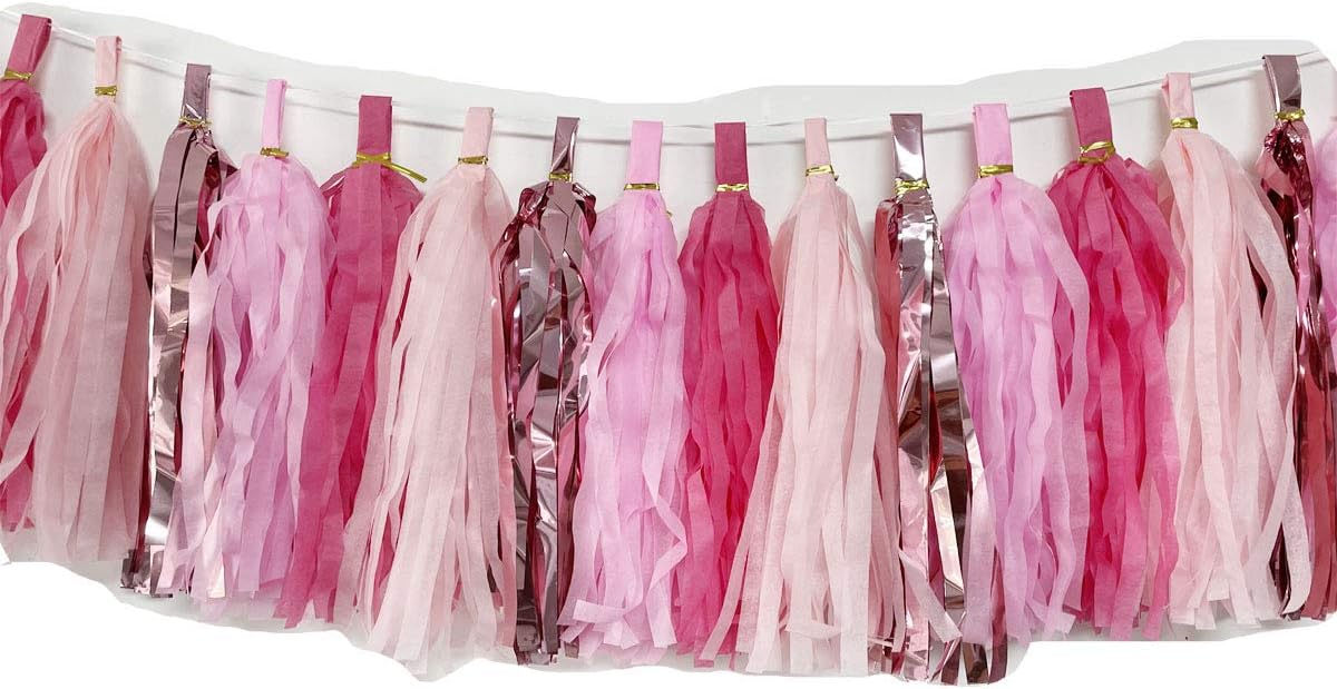 Tissue Paper Tassels Paper Tassel Garland Banner Table Decor Party Tassels Banner Wedding Birthday Baby Shower Nursey Party Decorations Supplies (20, Rose Gold+Pink+Rose Red+Lt-Pink)
