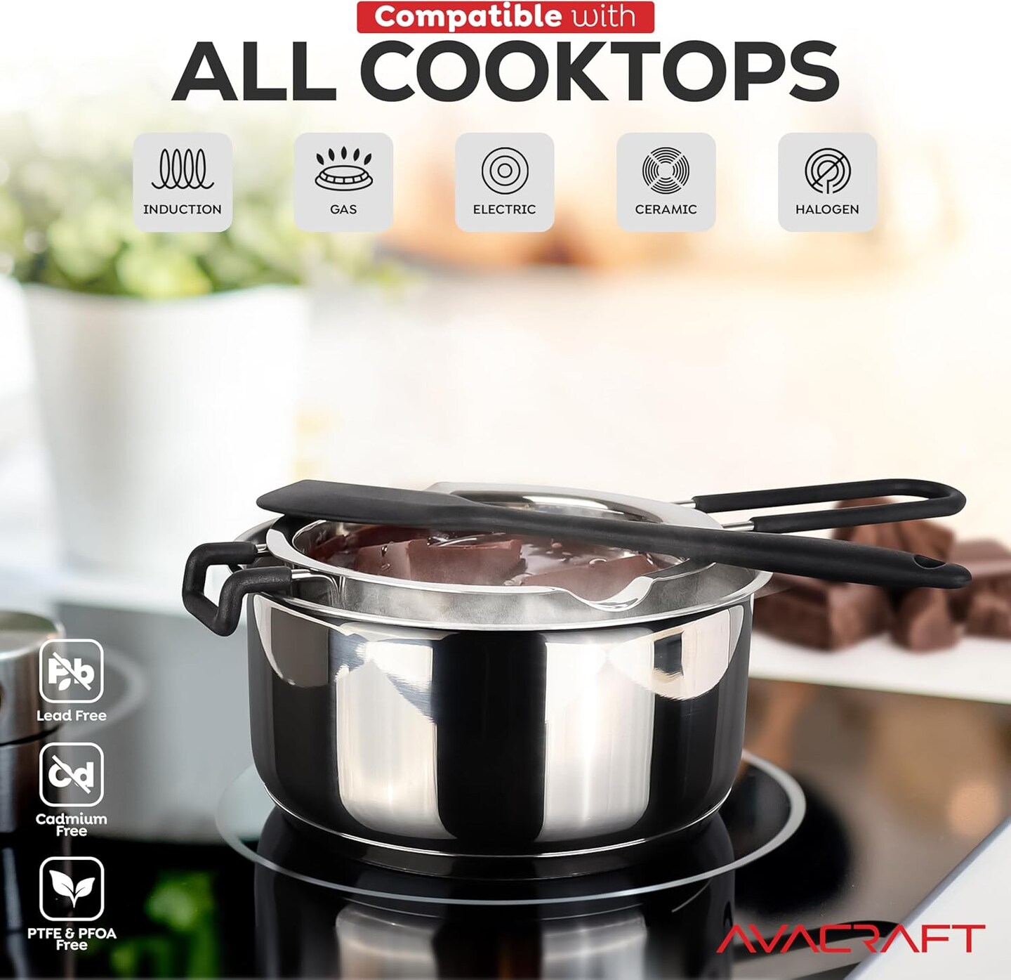 Double Boiler 18/8 Stainless Steel Double Boiler Pot with Stainless Steel Pot and Silicone Spatula, Double Boiler Set for Melting Chocolate, Candy, Soap, Wax, Candle Making (1 Quart)