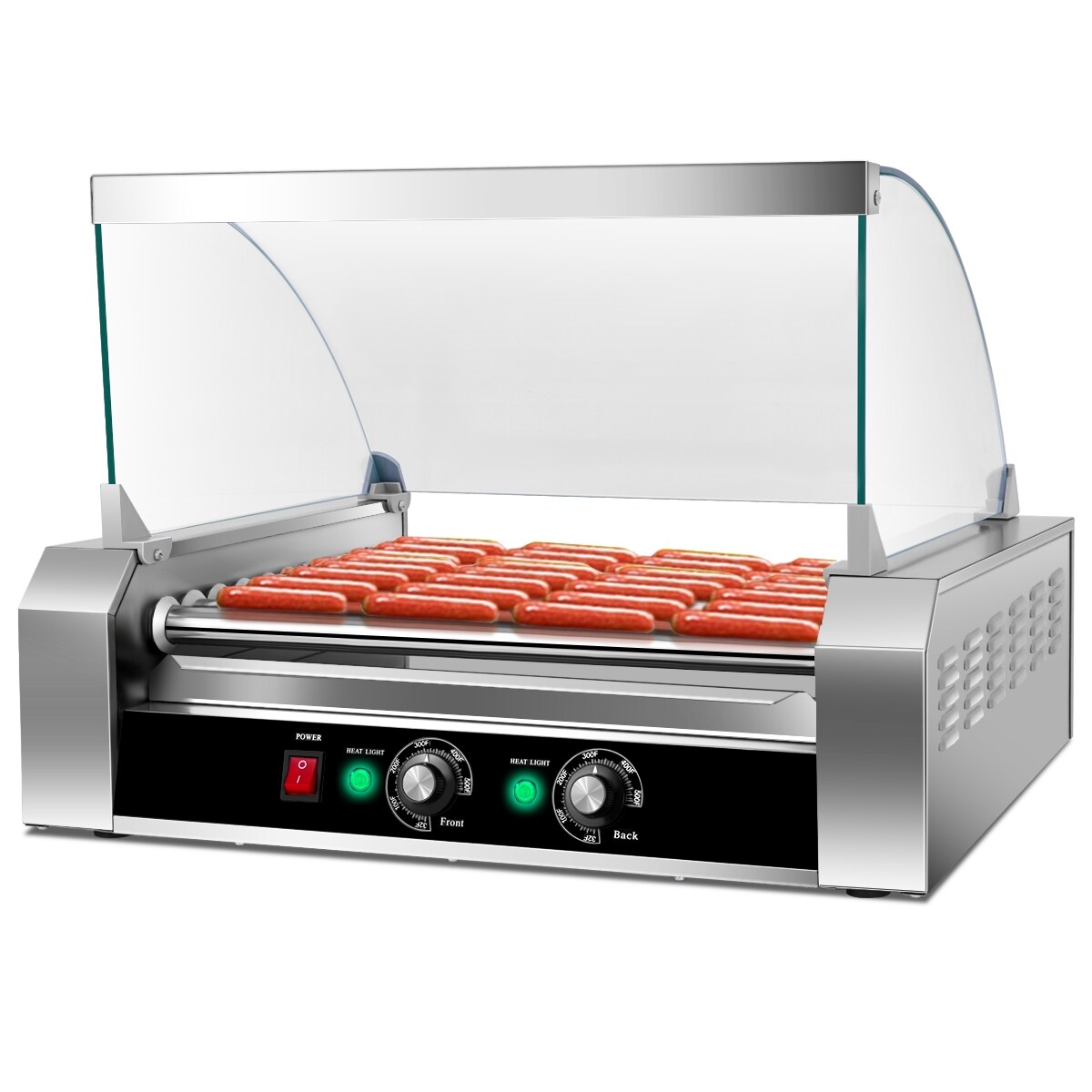 Silver Stainless Steel 11-Roller Hot Dog Grill with Glass Cover