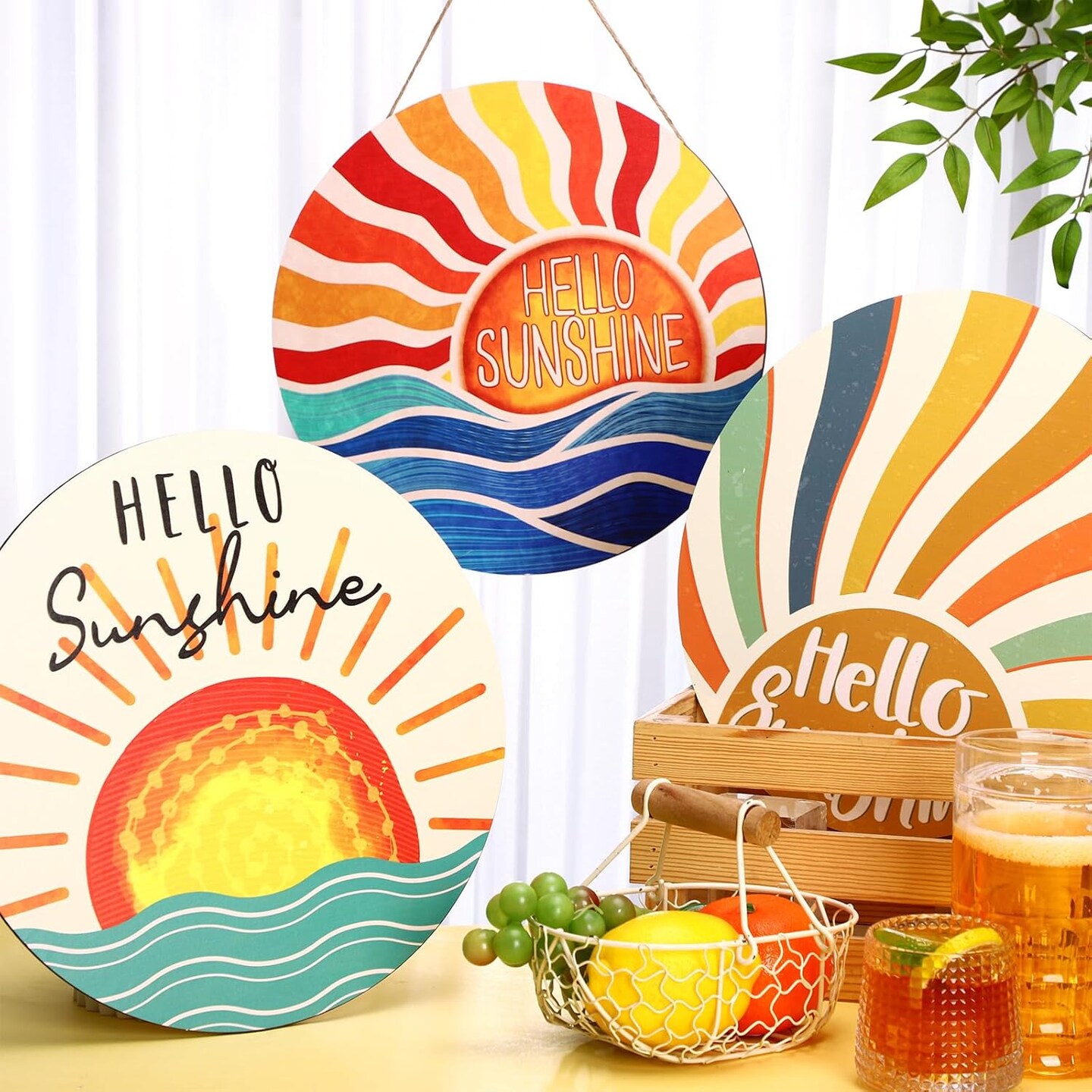 3 Pcs 12 Inch Summer Decor Hello Sunshine Front Door Decor Hello Sunshine Wreath Rustic Wooden Sign Hanger for Outdoor Outside Porch Round Hanging Sign for Summer