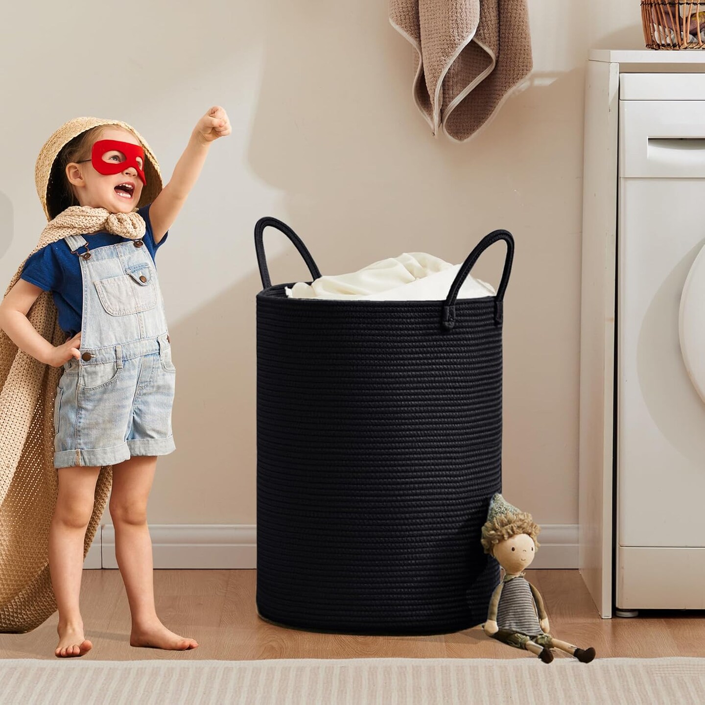 Black Woven Rope Laundry Basket Hamper for Clothes Tall Modern Blanket Storage Basket in Living Room Bedroom