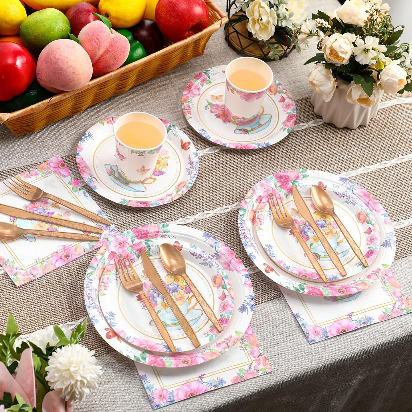 350 Pcs Tea Party Supplies Summer Tea Party Tableware Set Disposable Plates Napkins Paper Cups Plastic Cutlery Set