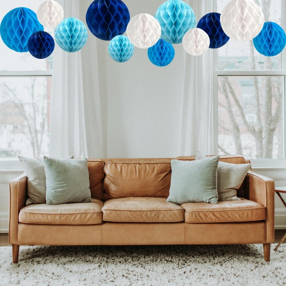 12Pcs White Blue Paper Honeycomb Flower Balls 6&#x27;&#x27; 8&#x27;&#x27; 10&#x27;&#x27; Decorative Tissue Honeycomb Balls Paper Pom Poms Hanging Flower Balls Craft Kit for Wedding Nursery Room Home Party D&#xE9;cor