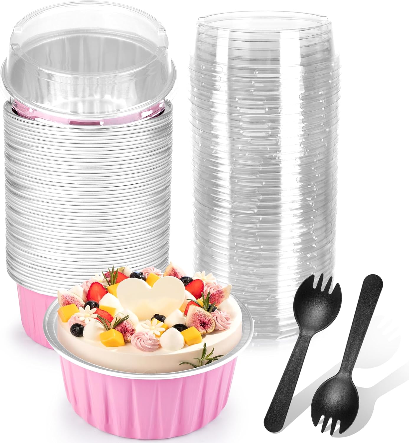 Disposable Ramekins 50 Packs with Lids and Spoons,Mini Cake Pans Round Aluminum Foil Cupcake Baking Cups Muffin Cups Tins,Disposable Cakecup Wrappers Cheesecake Creme Brulee-5 Oz (Pink)