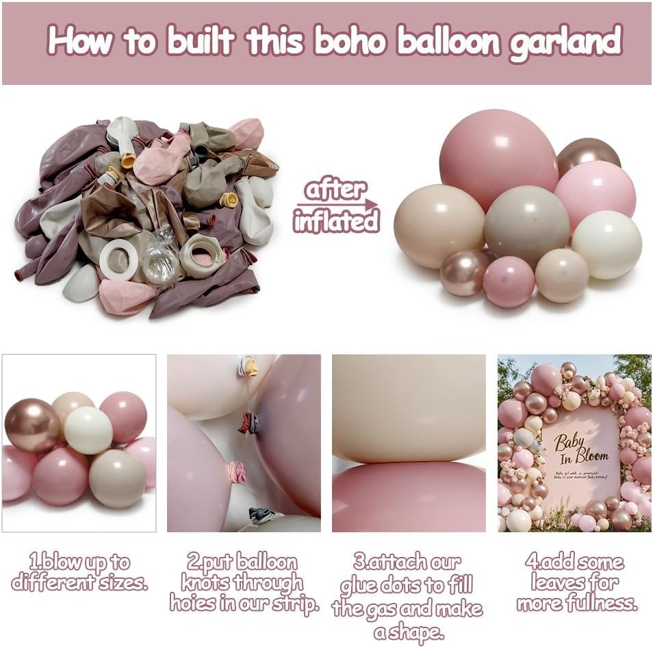 Dusty Pink Rose Balloon Garland Double Stuffed Mauve Light Pink Latex Blush Nude Beige Champagne Gold Balloon Arch Kit for Boho Birthday Baby Bridal Shower Neutral Wedding Party Decor