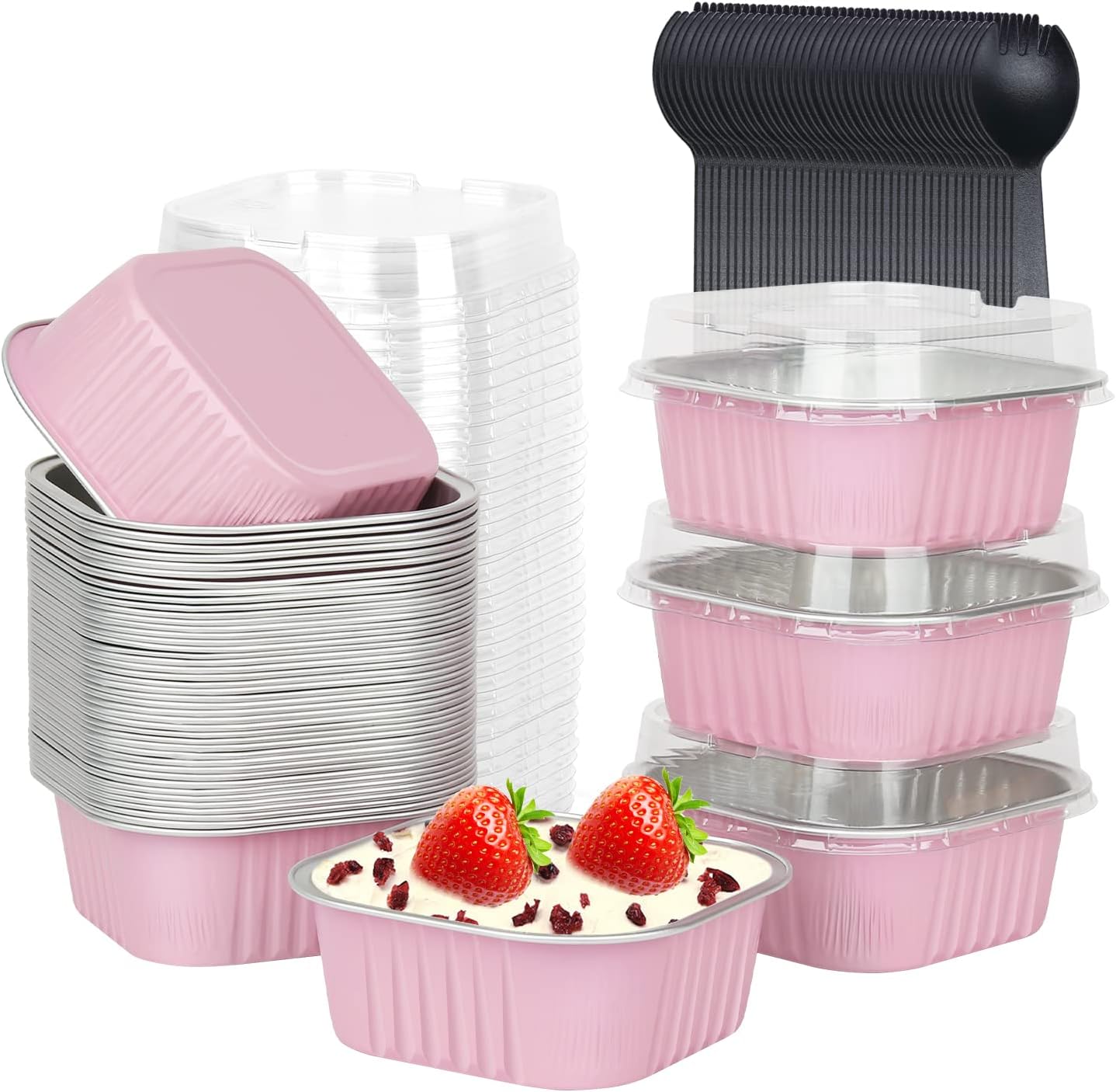 10oz Mini Cake Pans With Lids 40 Pack,LNYZQUS Aluminum Foil Square Brownie Baking Cups,Disposable 4”x4” Large Cupcake Pan,Jumbo Muffin Tin Ramekins Holders-Pink