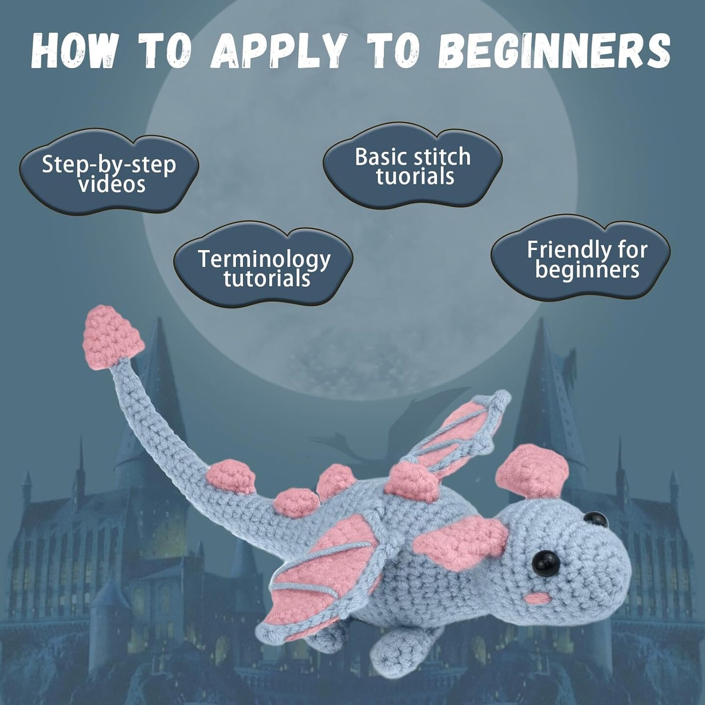 Crochet Kit for Beginners, Learn to Crochet Animals - Easy Crochet Starter Kit Gift for Kids and Adults, Lovely Gray Dragon (40%+ Yarn Content)