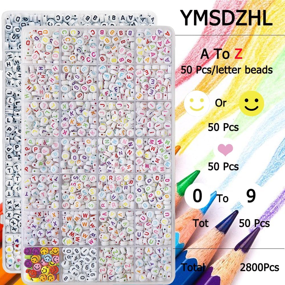 2Box 2500Pcs+ Alphabet Letter Beads, 4x7 mm A-Z and Smile, Heart, Figure,Acrylic Beads, Beads for Jewelry Making, Beads for Bracelet Making Kits Beads