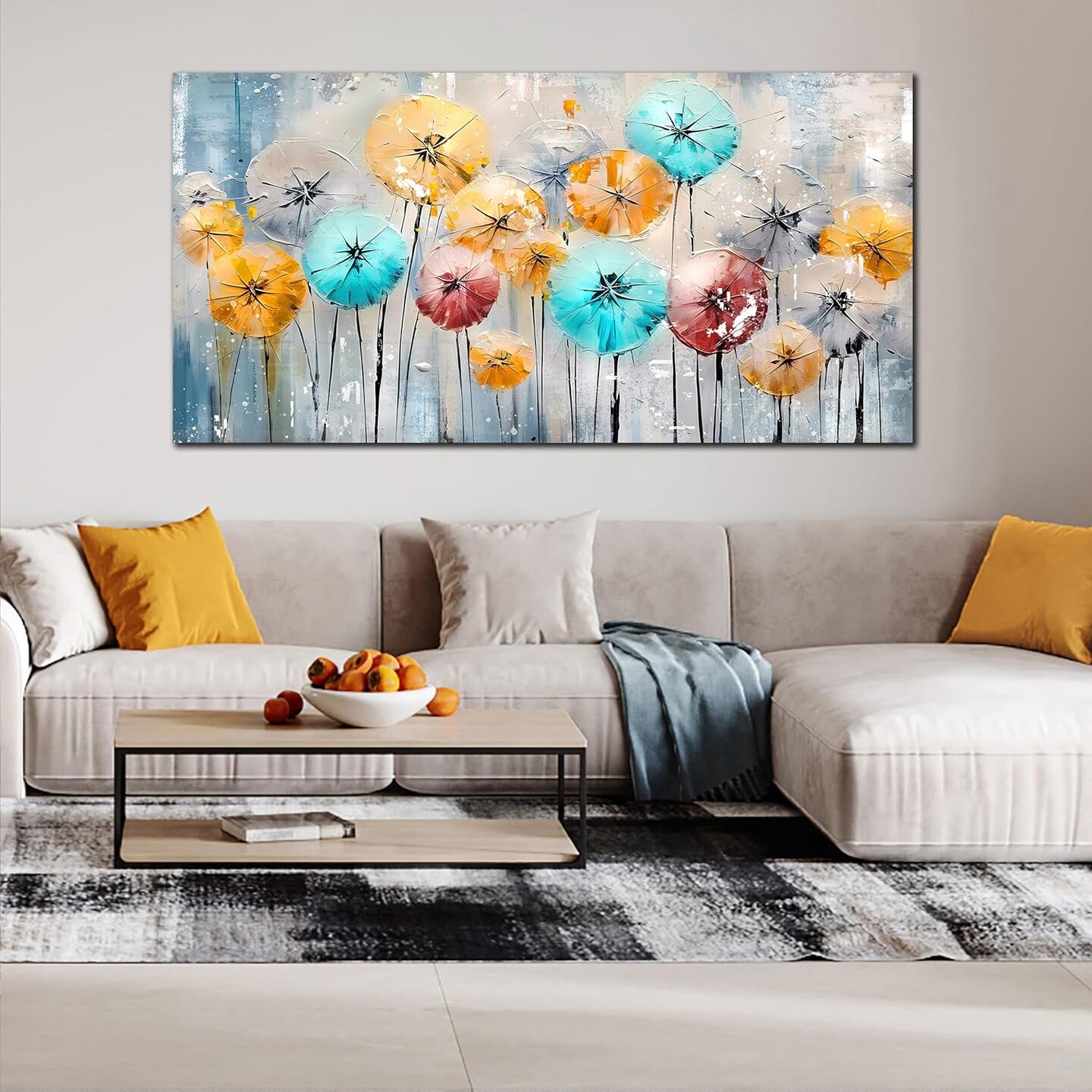 Flower Wall Art for Living Room, Dandelion Canvas Wall Decor for Bedroom, Colorful Abstract Print Painting Picture, Large Size 48x24 Inches